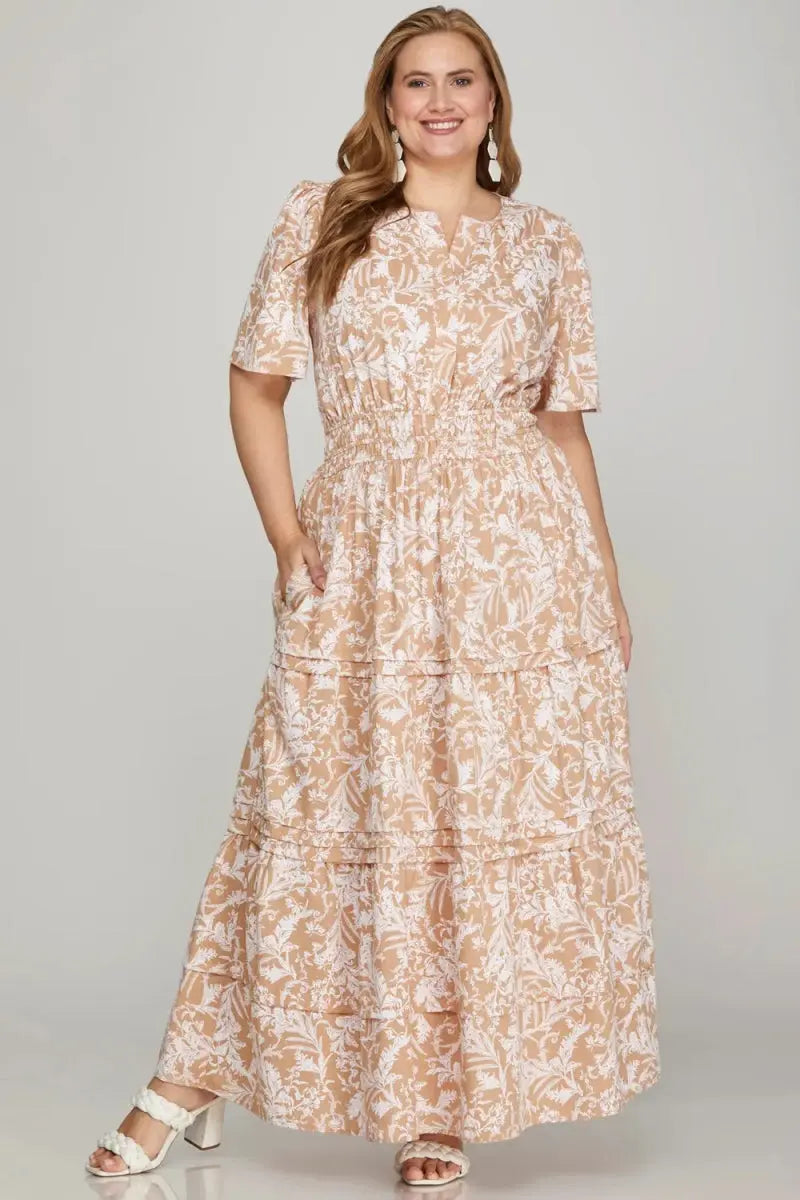 She + Sky Printed Notched Woven Tiered Pintuck Maxi Dress - Love Salve